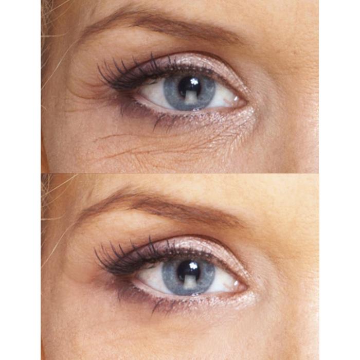 Close-up of a woman's eye with makeup application before and after.