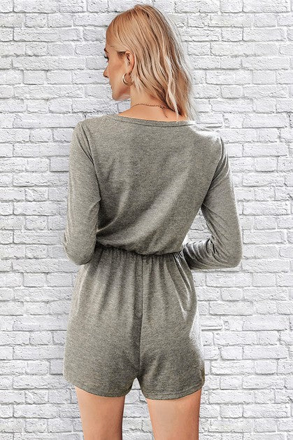 Button Down V Neck Solid Romper