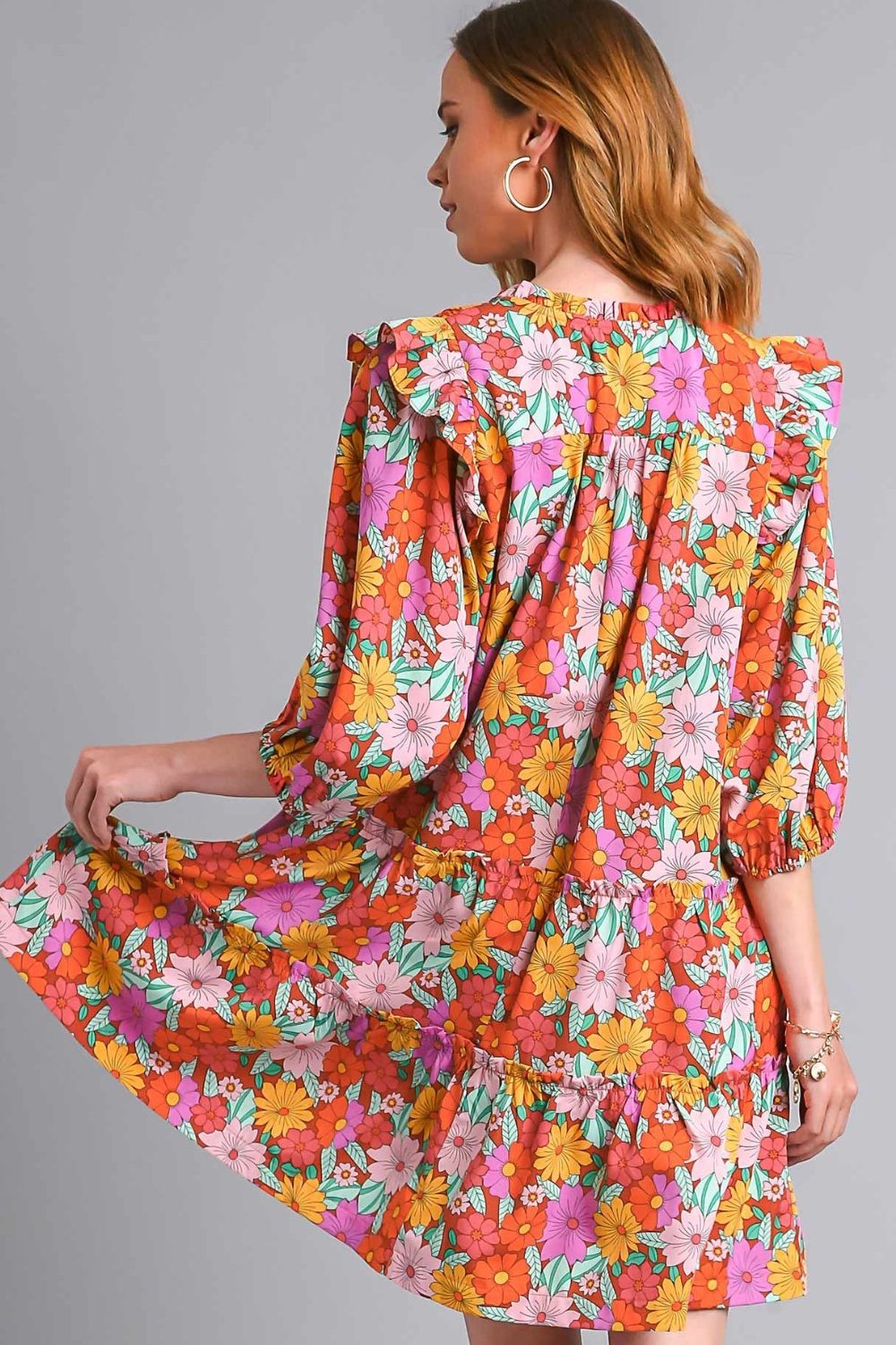 Umgee Full Size Ruffled Flower Print Tie Neck Tiered Dress Plus Size