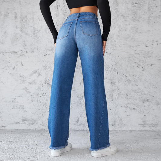 Women Bottom Fashion Straight Wide-leg Jeans Casual High-waist Non-elastic