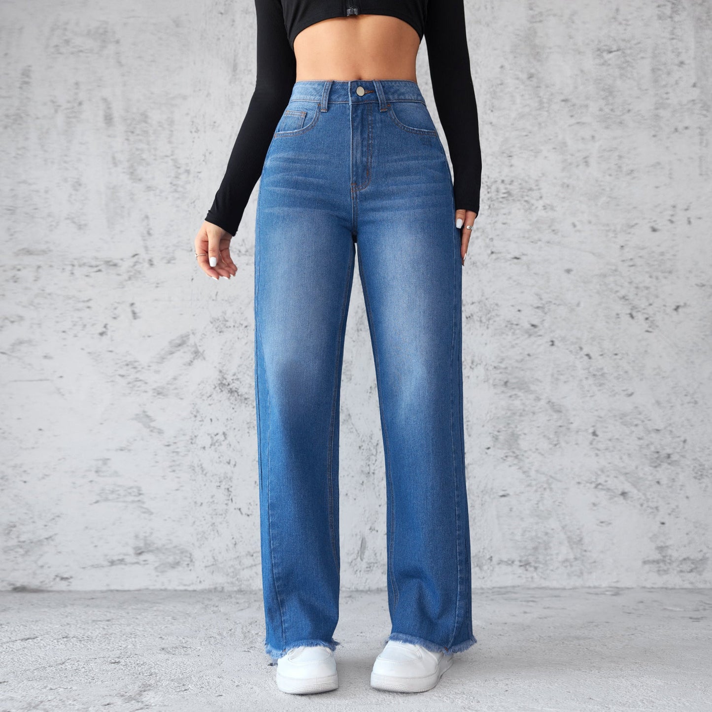 Women Bottom Fashion Straight Wide-leg Jeans Casual High-waist Non-elastic