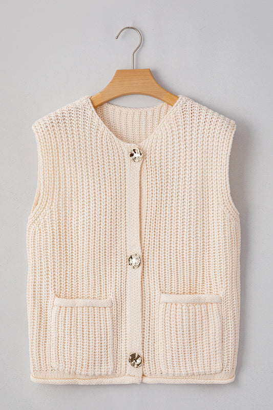 White Solid Textured Knit Side Pockets Buttoned Sweater Vest top