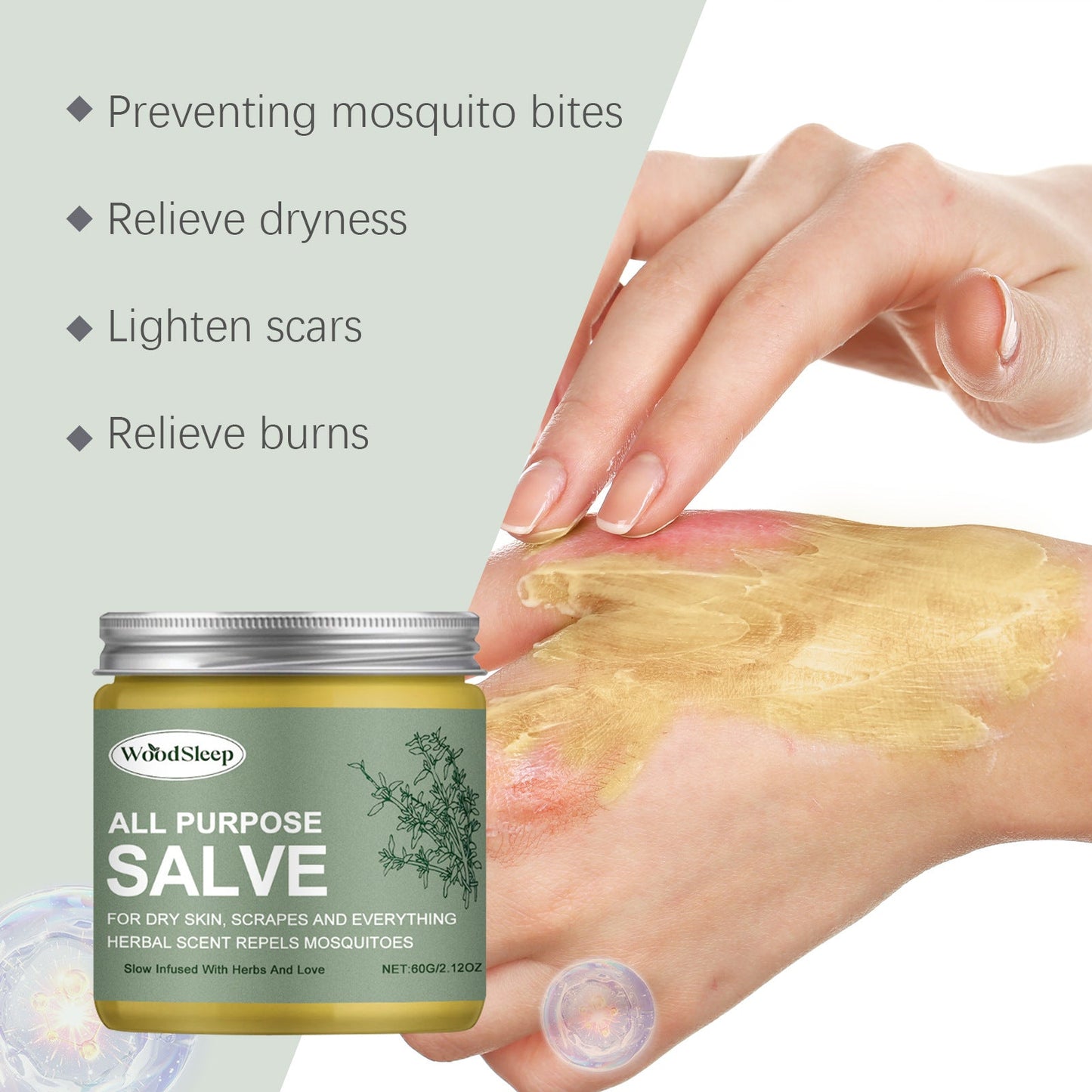 All Purpose Salve jar with a hand applying it to skin, text indicating uses.