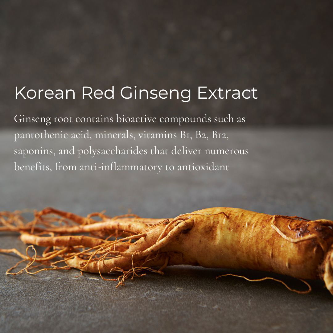 Korean Red Ginseng Extract with text about ginseng root benefits on a dark background