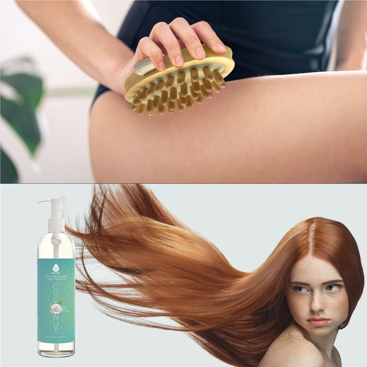 Top image shows a hand using a gold brush on skin, bottom image shows a bottle of hair product and a woman with long hair.