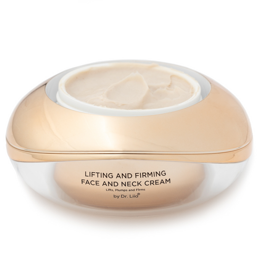 Lifting and firming face and neck cream container on a white background