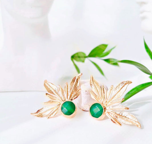 Turkish Vintage Leaf Green Quartz Gold Plated Earrings