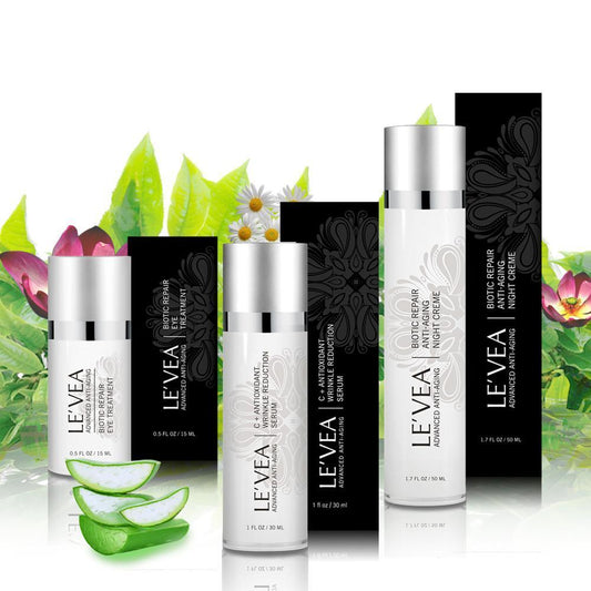 LEVEA skincare products with a natural background featuring flowers and leaves.