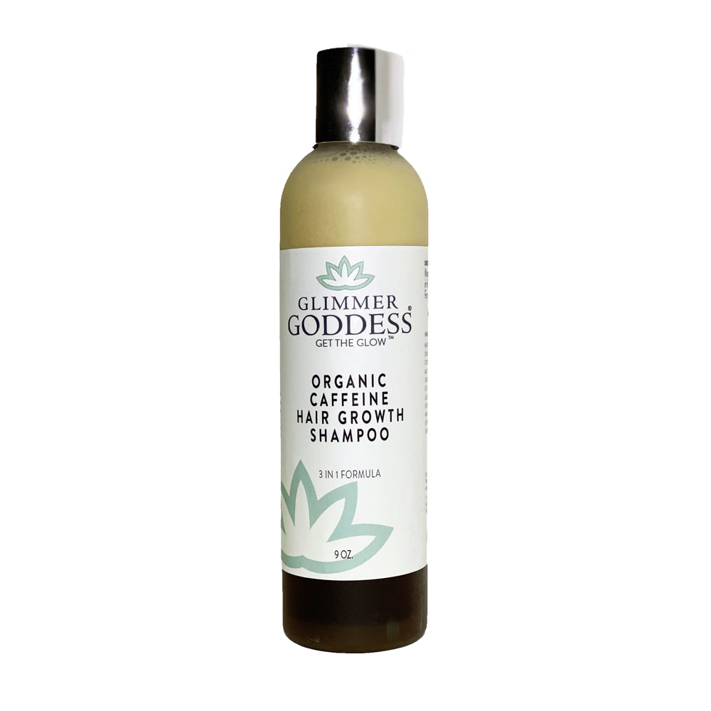 Glimmer Goddess organic caffeine hair growth shampoo bottle on a white background