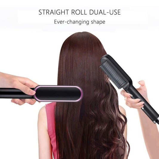 Hair straightener and comb being used on a person with long hair, showing dual-use feature.