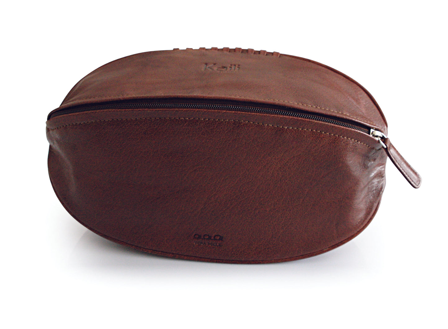 Brown leather pouch with zipper on a white background