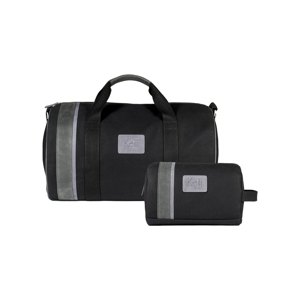 Black duffel bag and toiletry bag with reflective stripes on a white background