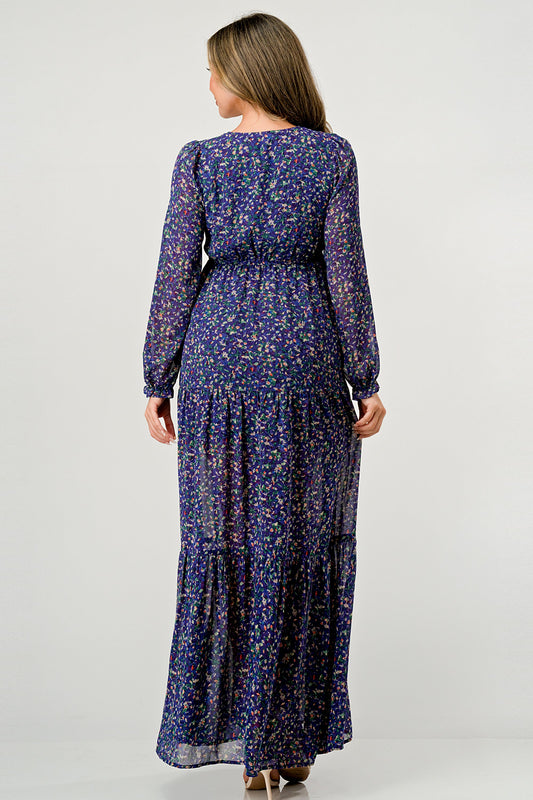 Floral V-Neck Long Sleeve Maxi Dress with Tiered Side Slit