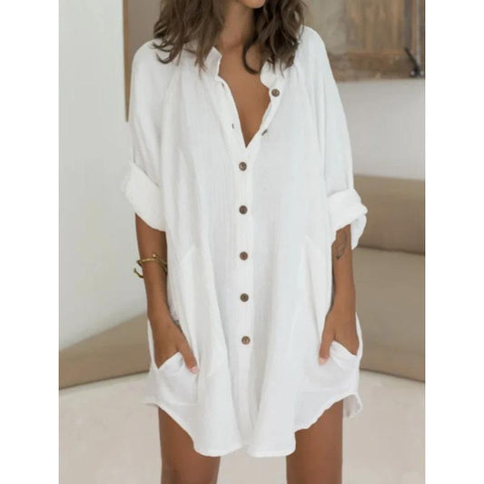 2021 Women Clothing Breasted Mid-Length Short Sleeve Loose Shirt