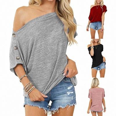 2021 New Women Tops off-Shoulder Button Short Sleeve T-shirt for