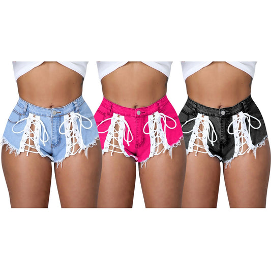 Women Bottom Lace-up Micro Tassel Denim Hot Pants Summer