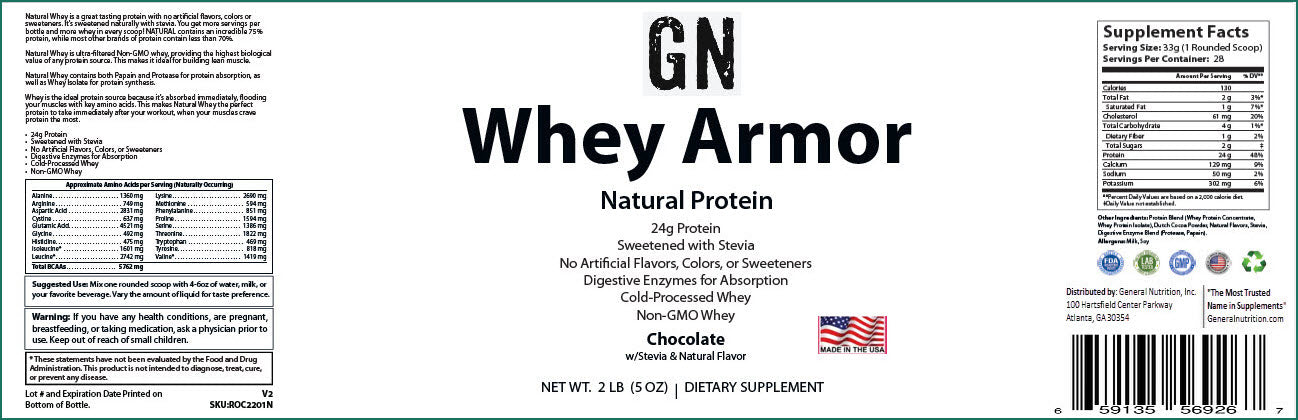 2lb Whey Armor Natural Protein Chocolate w/Stevia & Natural Flavor Non-GMO