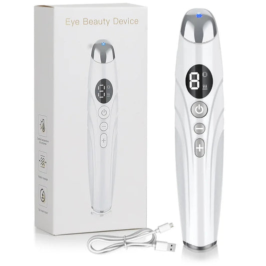 Eye beauty device with packaging and USB cable on a white background