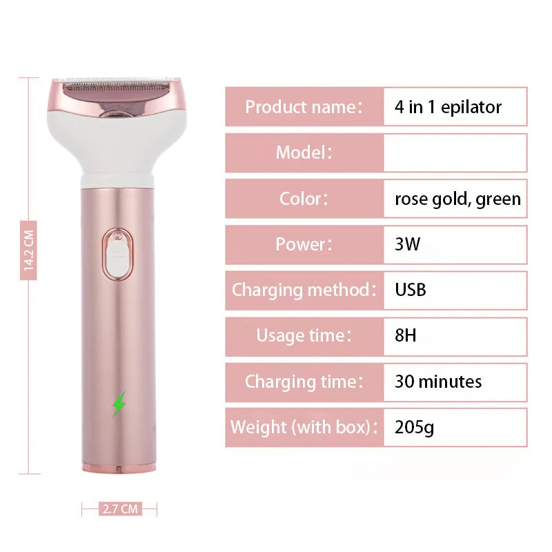 Rose gold and green 4-in-1 epilator with specifications on a white background