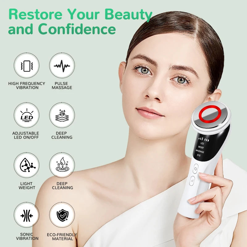 Woman holding a skincare device with features listed on a light green background