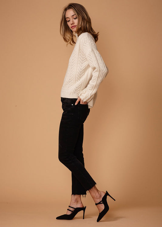 Women's Turtle Neck Fringe Sweater Top in Natural