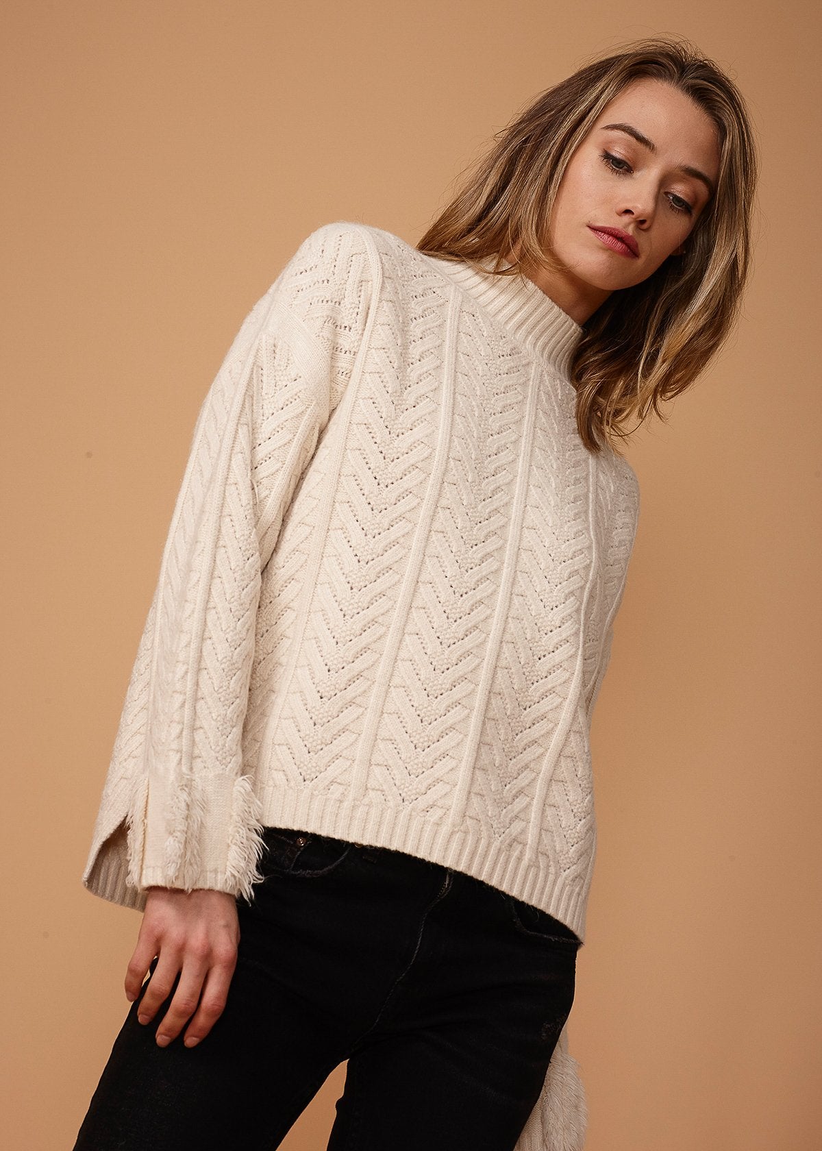 Women's Turtle Neck Fringe Sweater Top in Natural