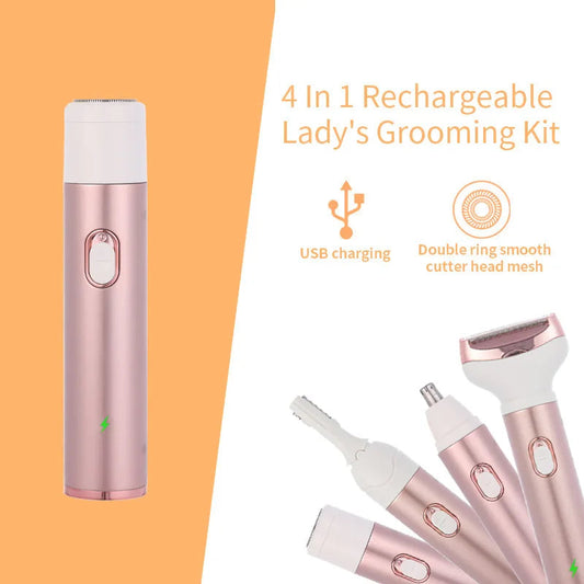 4-in-1 rechargeable lady's grooming kit with USB charging and double ring smooth cutter head mesh on an orange background.