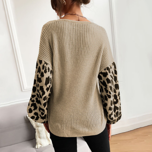 Womens V Neck Sweater Top With Leopard Print Sleeves