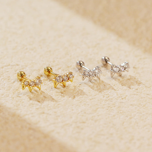 Office Round CZ Crown 925 Sterling Silver Screw Stud Earrings