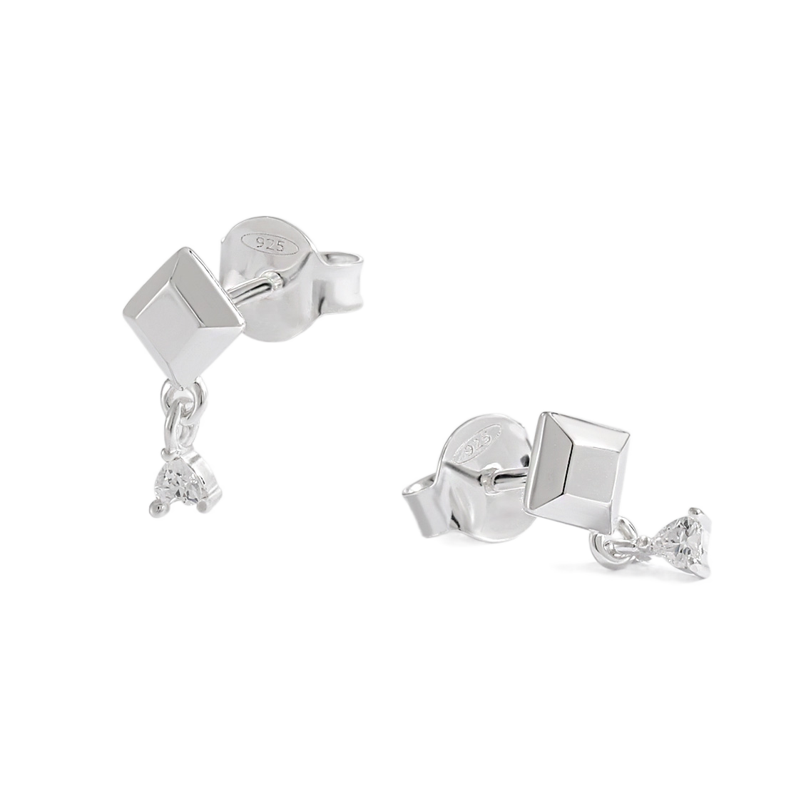 Friend's Geometry White Heart CZ 925 Sterling Silver Stud Earrings