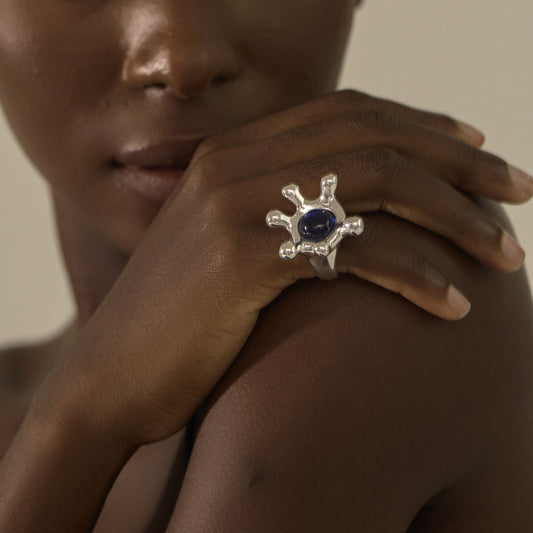 Stylish for Women Sophisticated 999 Pure Silver Elegant Gemstone Irregular Crown Electroforming Adjustable Statement Ring