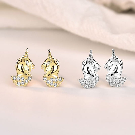 Cute Animal CZ Unicorn 925 Sterling Silver Stud Earrings