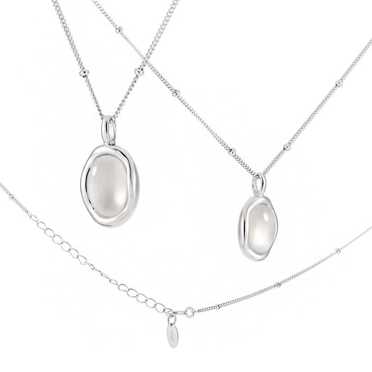 Women Simple Oval Natural White Shell 925 Sterling Silver Necklace