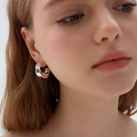 Exaggerated Hollow Chunky Statement Jewelry Electroforming Classic Twisted C Shape 999 Sterling Silver Hoop Earrings