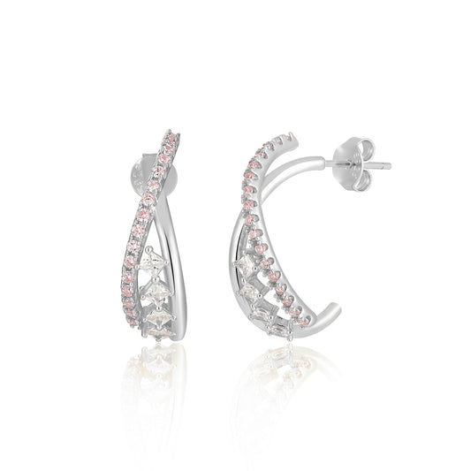 Fashion Rhombus Round CZ Irregular Cross 925 Sterling Silver Hoop Earrings