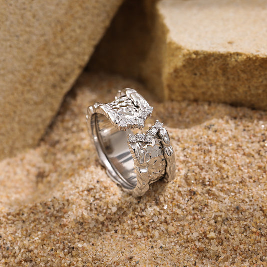 Modern Scale Pattern Irregular Border 925 Sterling Silver Wide Adjustable Ring