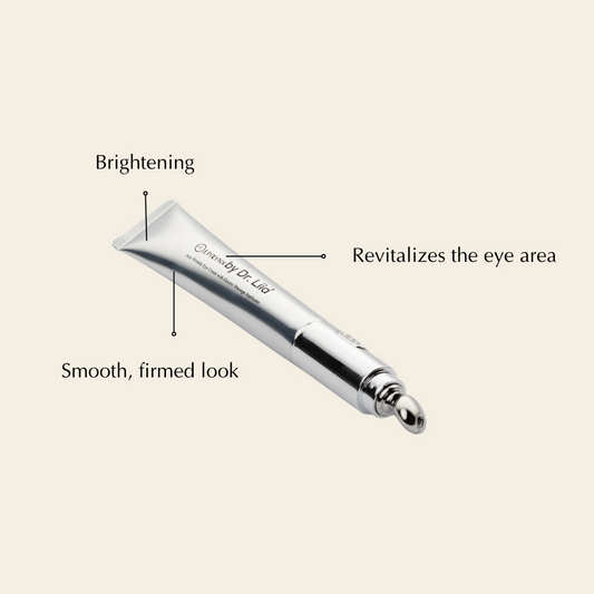 Eye cream tube with text describing its benefits on a beige background