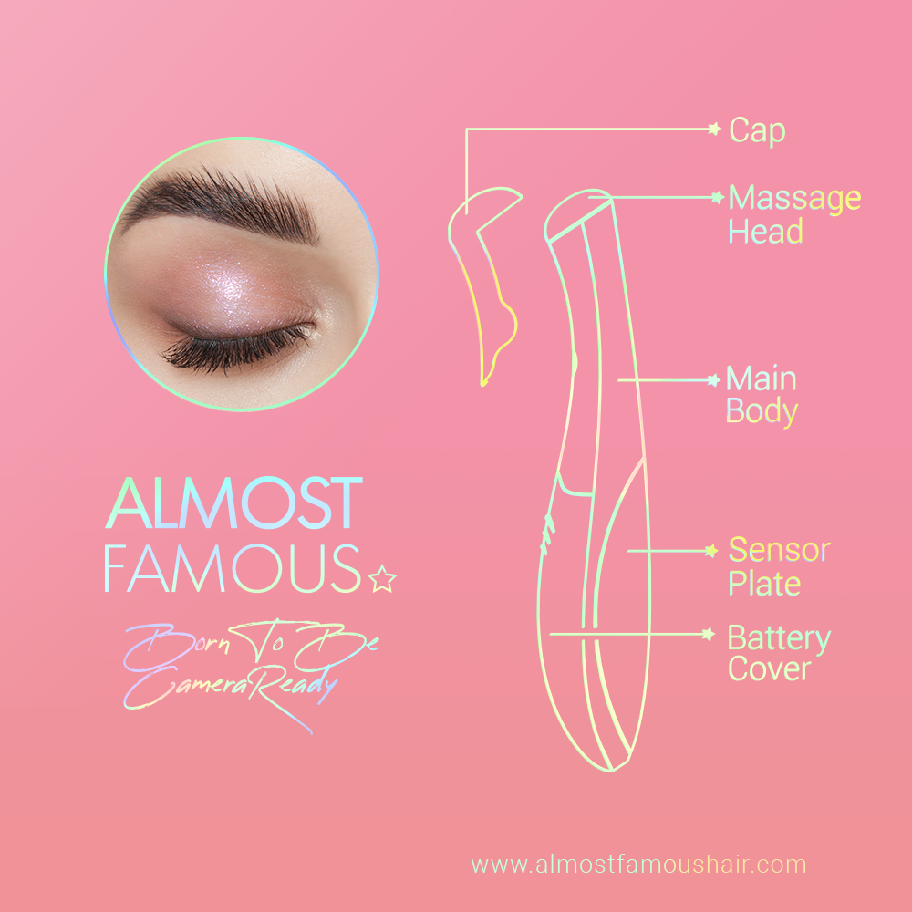 Diagram of a beauty tool with labeled parts on a pink background, featuring the brand 'Almost Famous'.