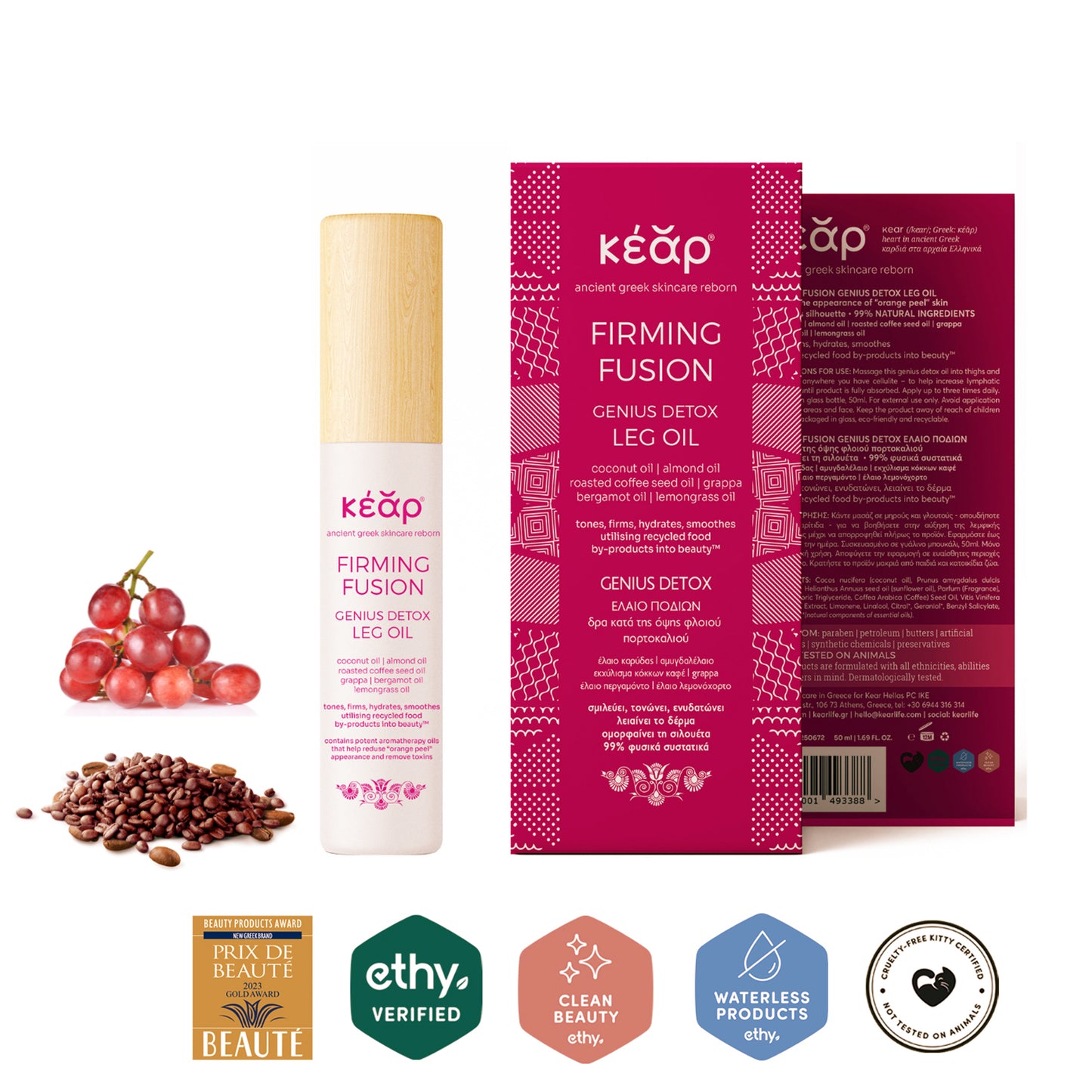 Kéép Firming Fusion Genius Detox Leg Oil with packaging and ingredients displayed.