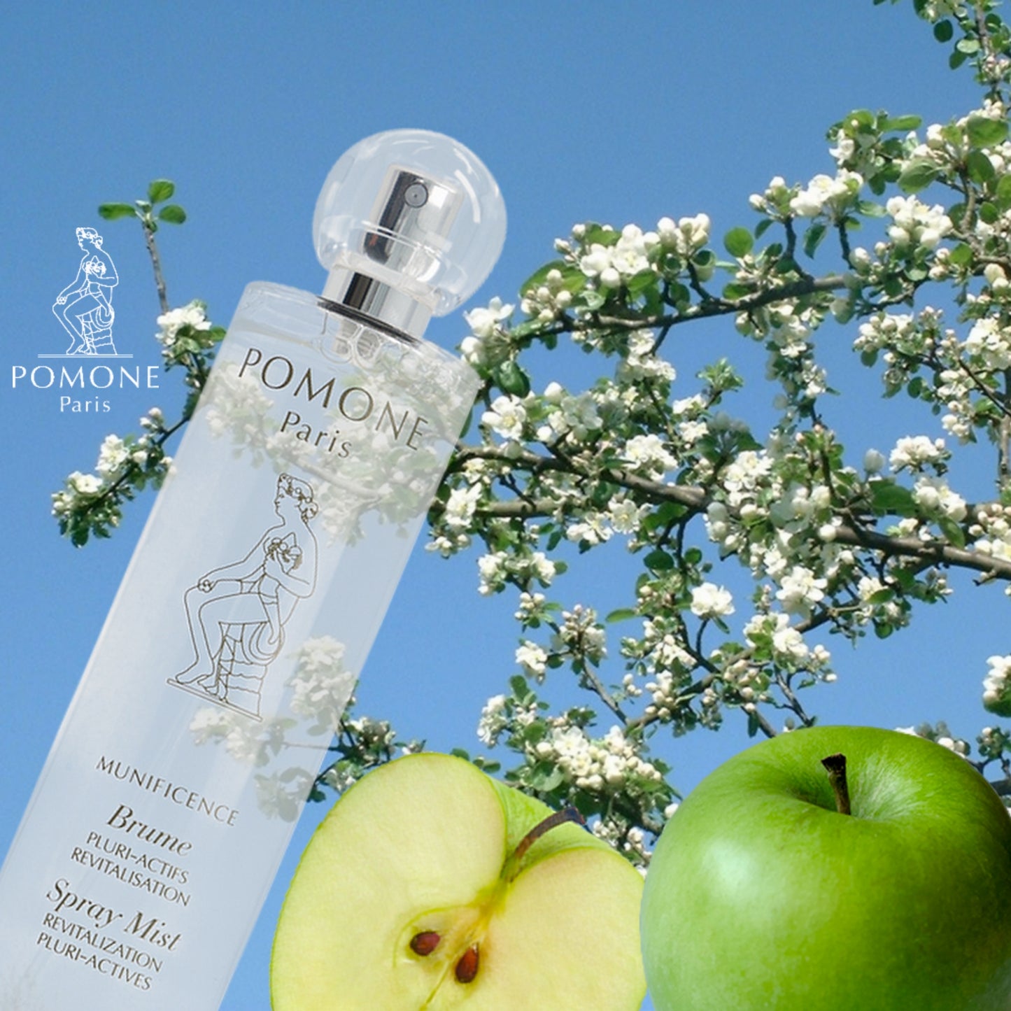 Pomone Paris perfume bottle with apples and flowers against a blue sky