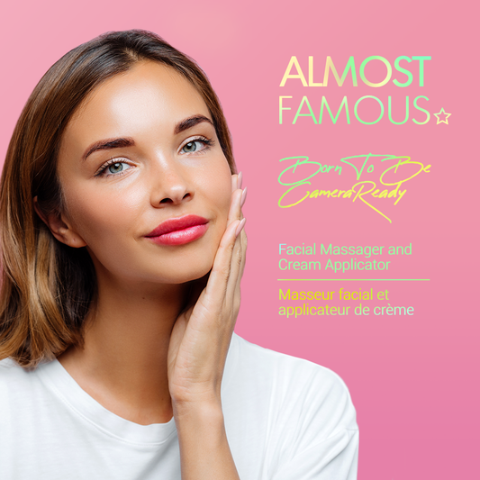Woman applying cream to her face with 'Almost Famous' product branding on a pink background