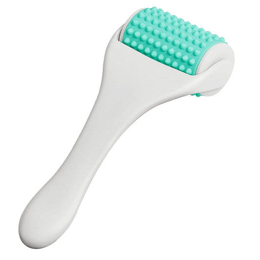 White handheld tool with a turquoise roller on a white background
