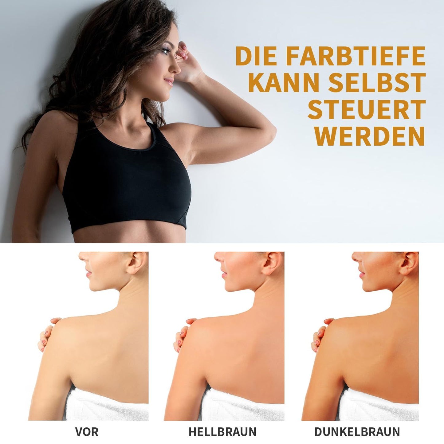 Woman in black sports bra with color depth control text and skin tones comparison.