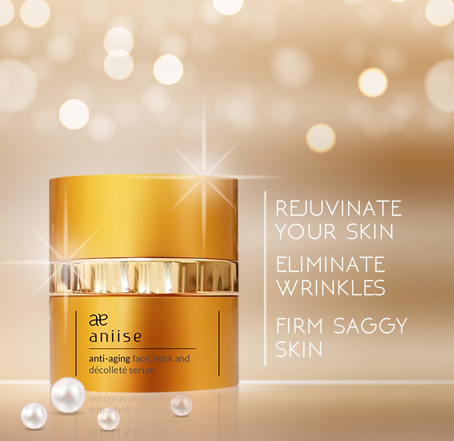 Gold skincare serum jar with text on a blurred background