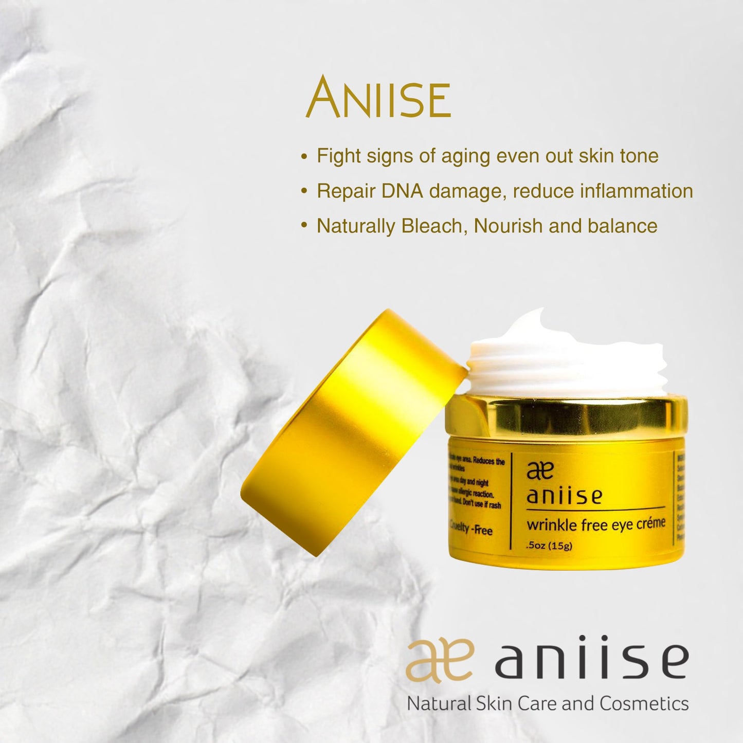 Aniise wrinkle-free eye cream jar with crumpled paper background