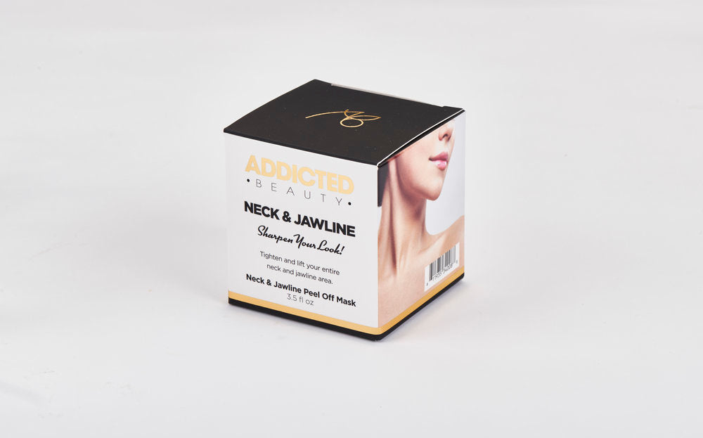 Product packaging for 'Neck & Jawline' by Addicted Beauty on a light gray background