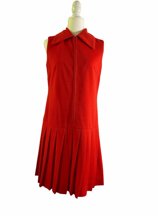 Vintage Red Polyester Drop Waist Pleated Shift Dress sz 13/14