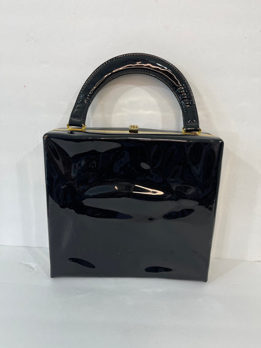 Vtg St. Michael Black Vinyl Patent Leather Look Handle Box Tote Bag