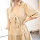 Beige Flow V Neck Knotted Babydoll Woven Dress