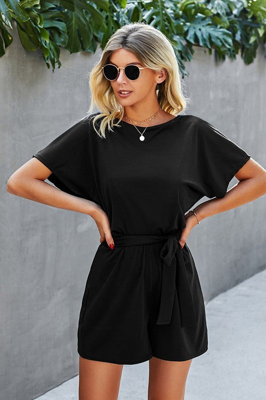Boat Neck Short Sleeve Waist Tie Loose Romper